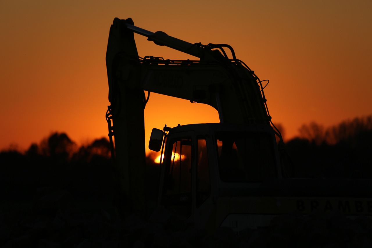Services-03 excavator, construction machine, eve, sunset, construction site, nature, construction work, tracked vehicle, vehicles, road construction